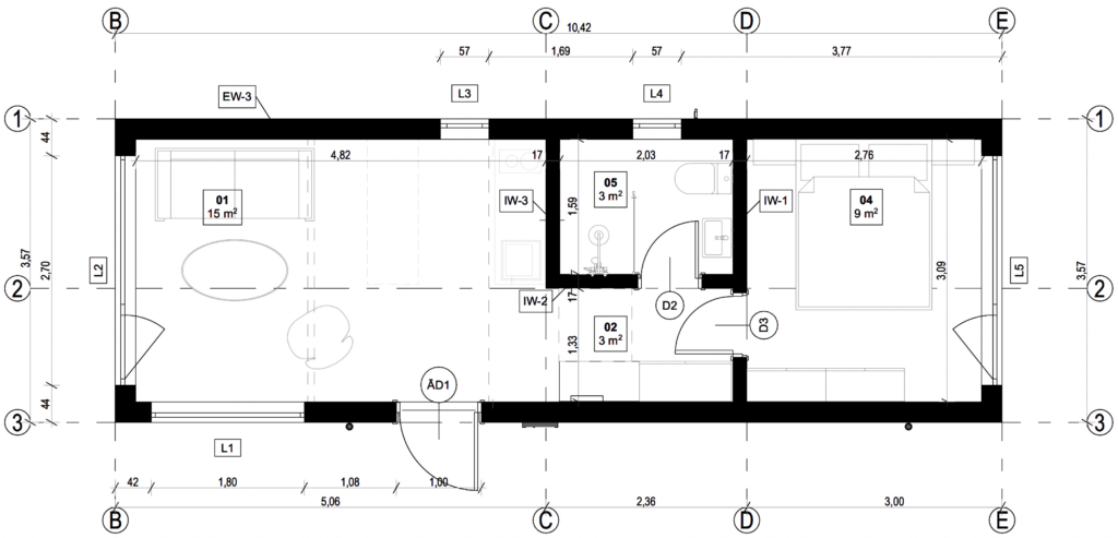 A floor plan for the MyCabin Milla 40 house model