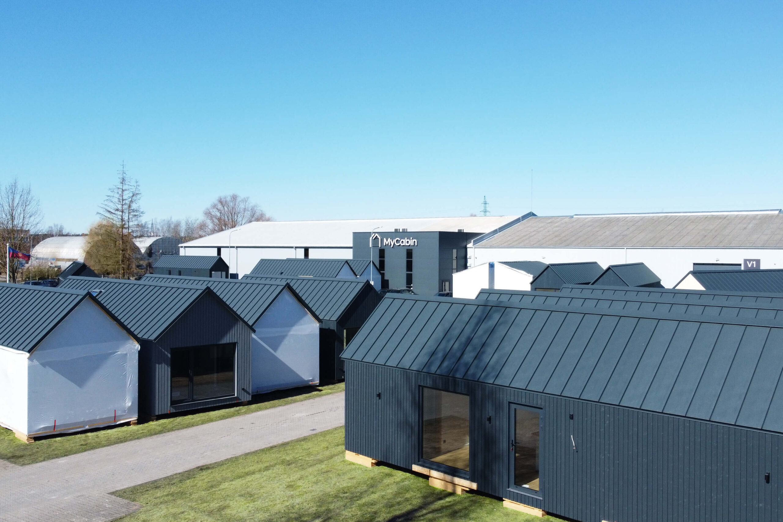 Finished MyCabin homes standing ready at the Jelgava factory
