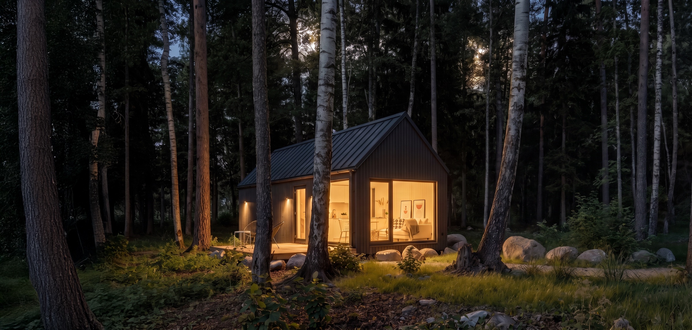 A MyCabin home lit up among the birch and pine trees at night
