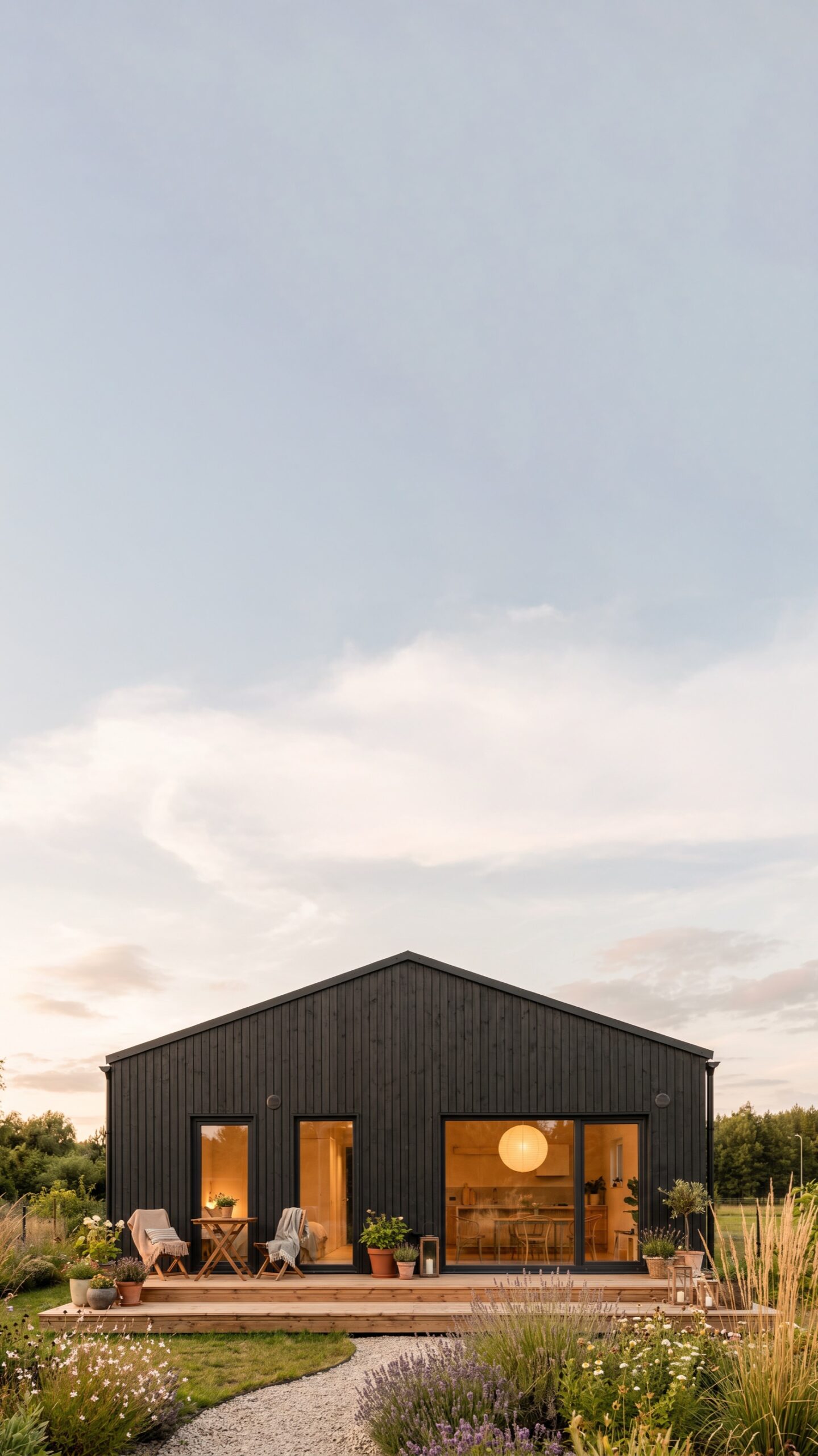 A MyCabin home at dusk, lit from within, in a summer garden